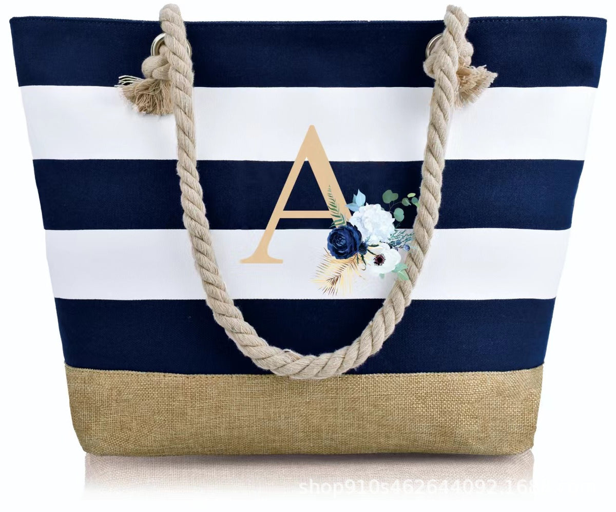 Striped Canvas Tote Bag with Zipper and Multiple Pockets