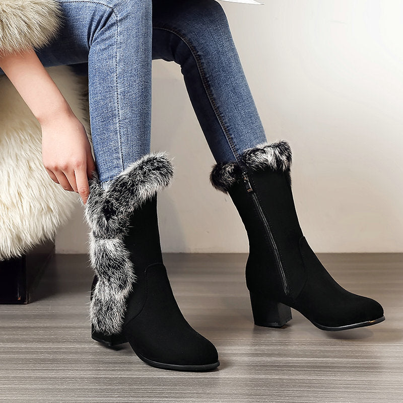 Winter Warm Black Fur Boots for Women with Heels