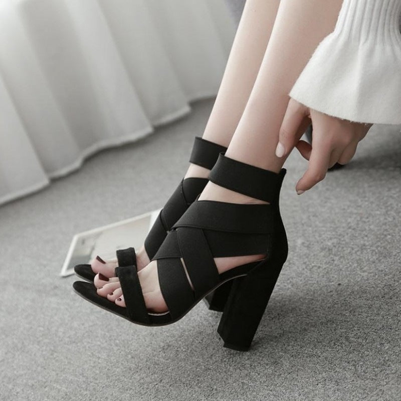 Chunky Heeled Open-Toe Sandals with Cross Straps