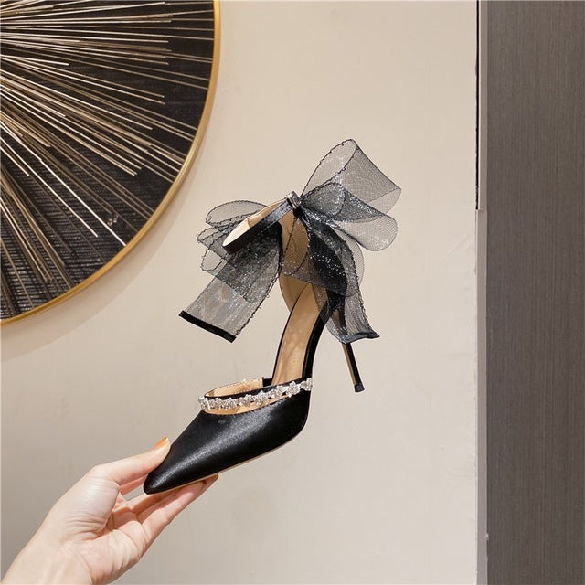 Pointed Hollow Thin Heel Rhinestone Bow High Heels