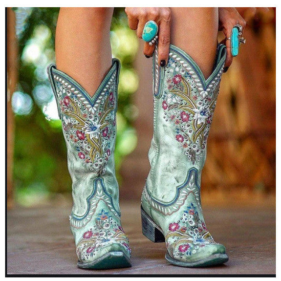 Mid-Heel Ethnic Embroidered Women's Boots