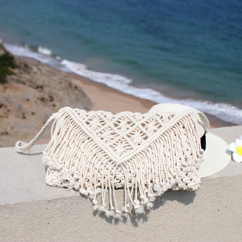 Tassel straw bag large clamshell cotton hand-woven casual female beach bag Knitted Messenger Bags