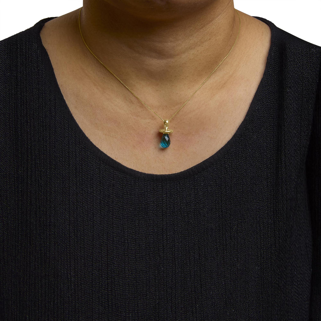 14K Yellow Gold and Blue Quartz Pacifier Pendant Necklace - 18" Inches