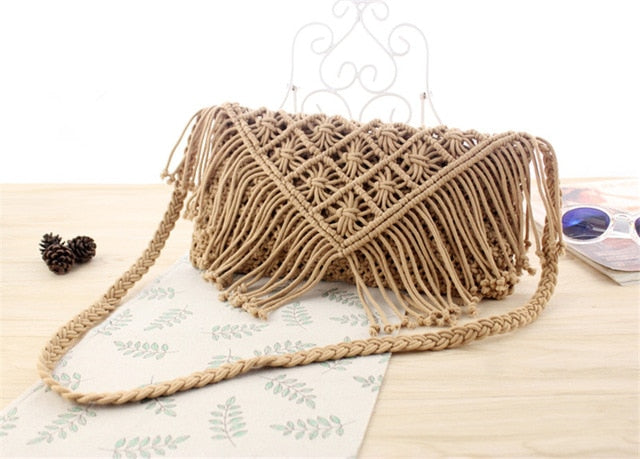 Tassel straw bag large clamshell cotton hand-woven casual female beach bag Knitted Messenger Bags