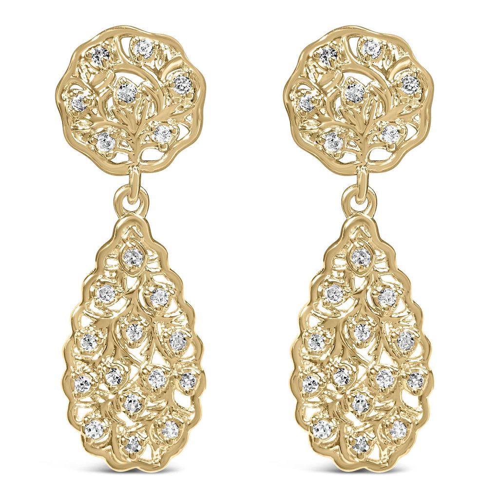 14K Yellow Gold Plated  1/5 Cttw Diamond Teardrop Filigree Earrings