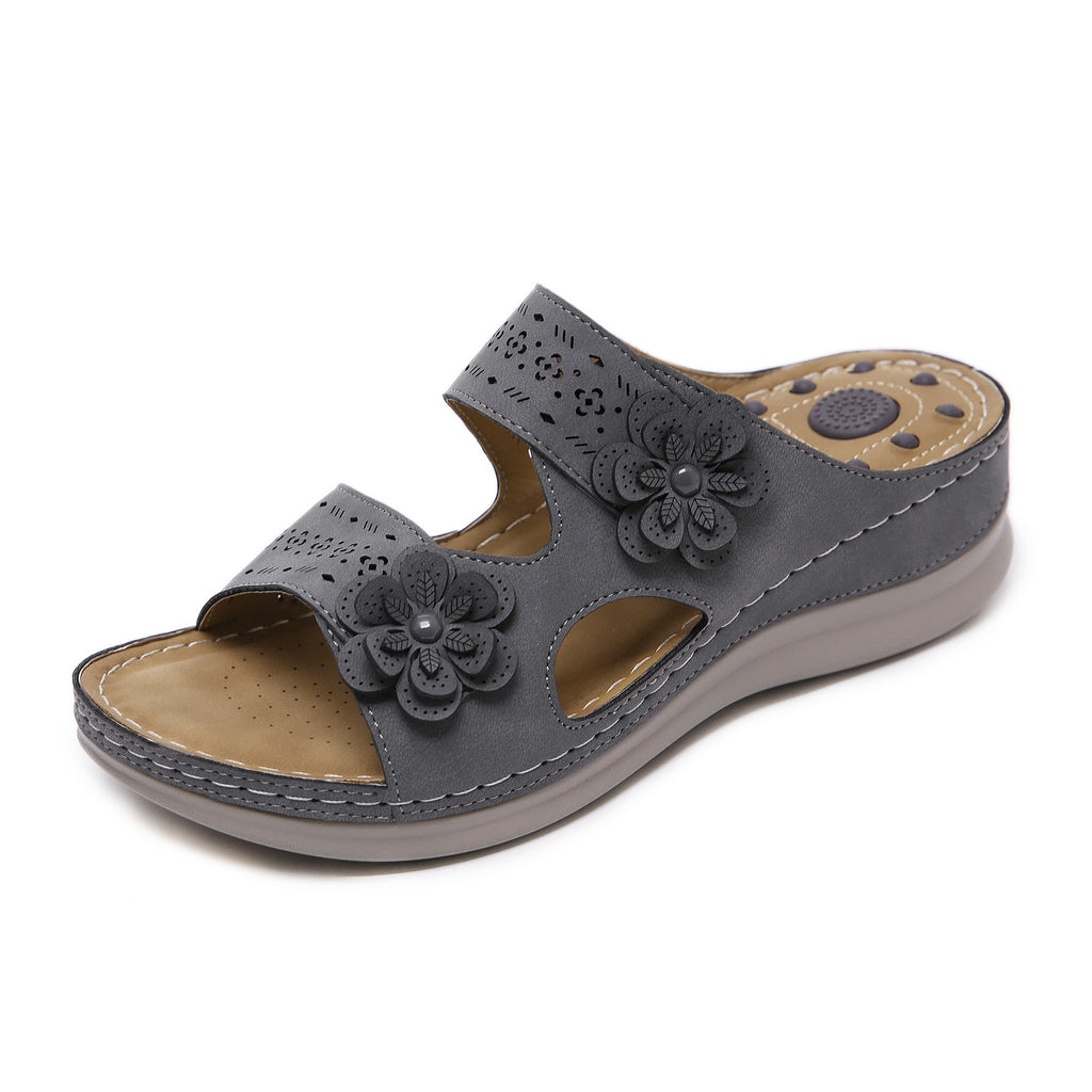 Retro Flower Massage Sandals with Slope Heel Comfort