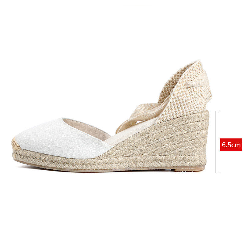 Women's High-Heeled Lace-Up Straw Woven Wedge Sandals