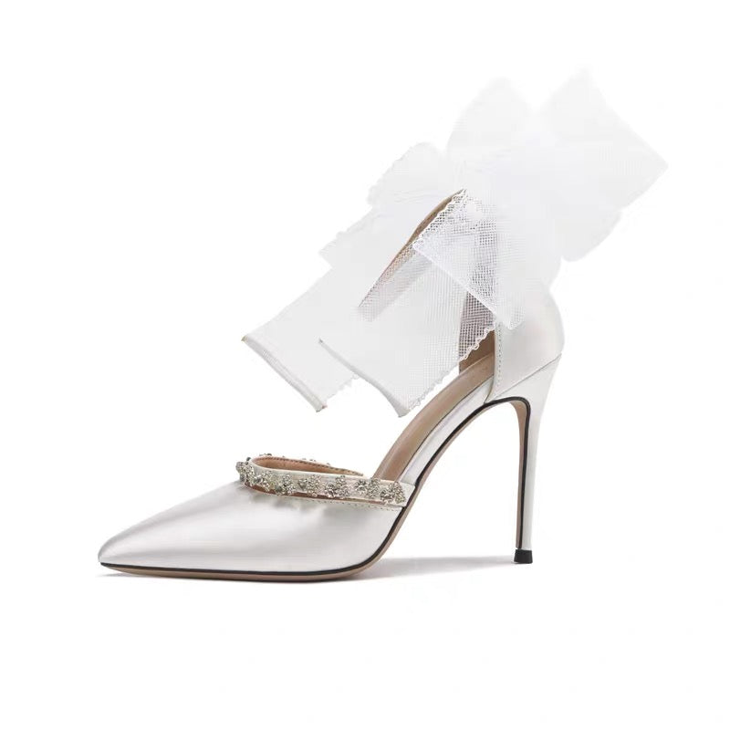 Pointed Hollow Thin Heel Rhinestone Bow High Heels