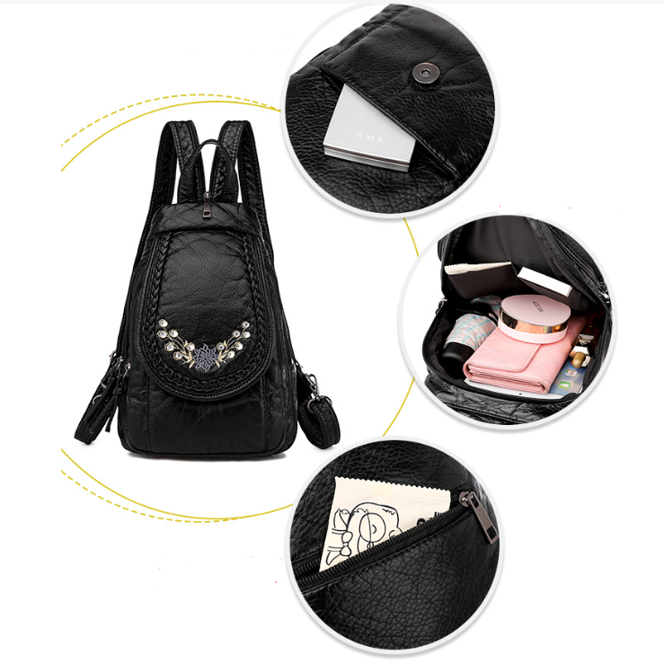 Luxury Embroidered Solid Color Soft Backpack for Women