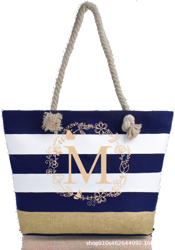 Striped Canvas Tote Bag with Zipper and Multiple Pockets