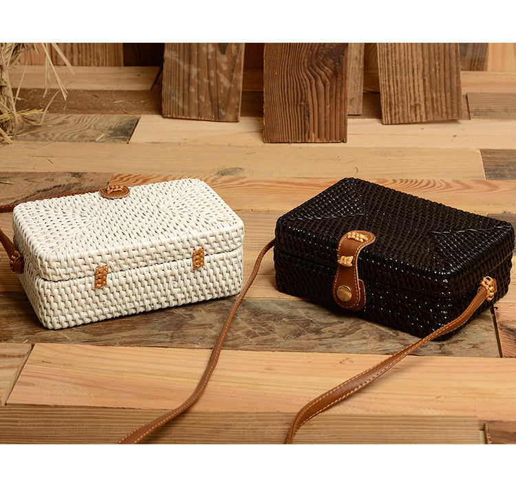 Vietnamese Woven Shoulder Bag with Round Leather Buckle