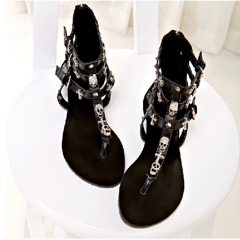 Punk Style Orange Rhinestone Skull High Top Sandals
