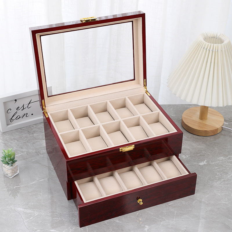 Red 12-Slot Lacquered Watch Box with Transparent Lid