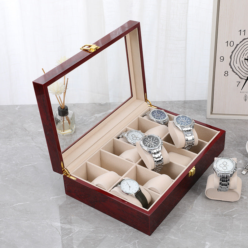 Red 12-Slot Lacquered Watch Box with Transparent Lid