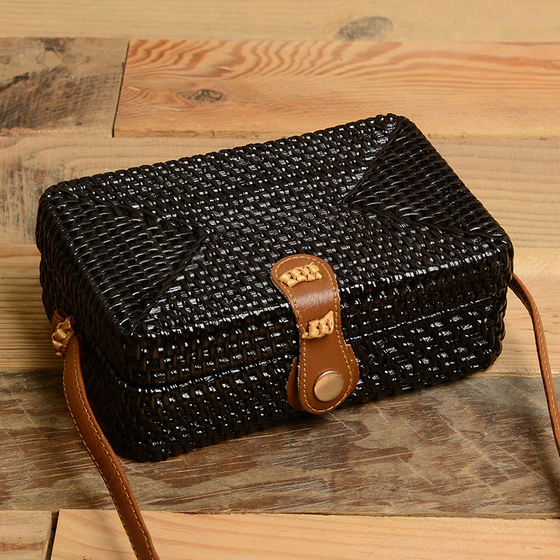 Vietnamese Woven Shoulder Bag with Round Leather Buckle