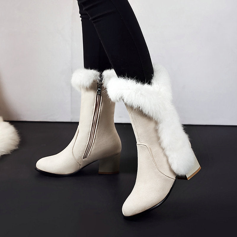 Winter Warm Black Fur Boots for Women with Heels