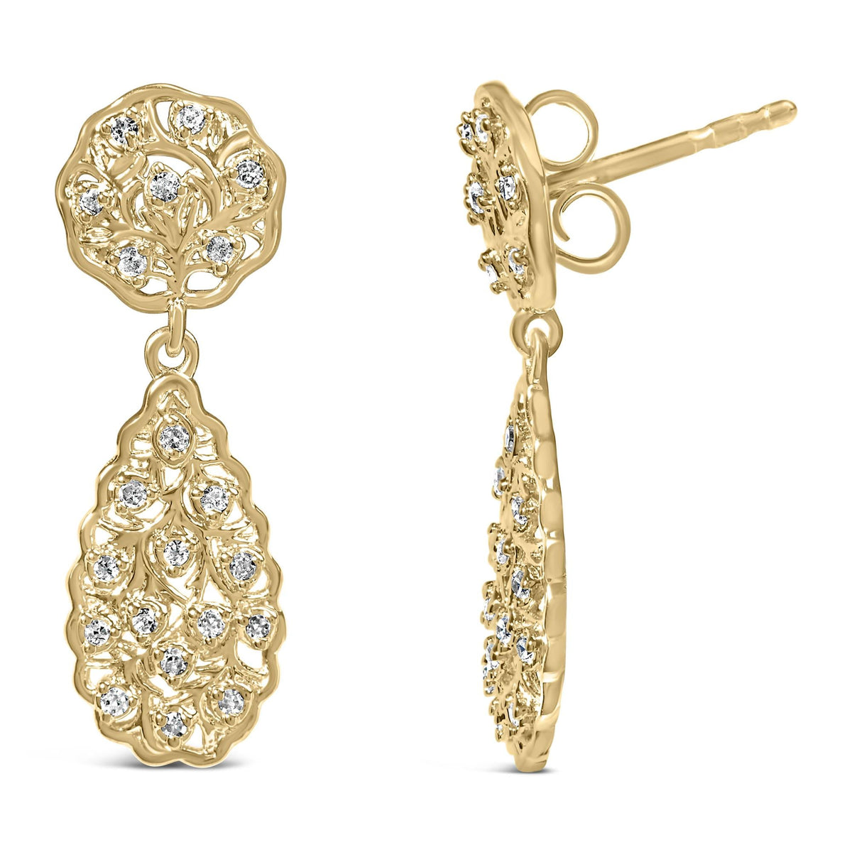 14K Yellow Gold Plated  1/5 Cttw Diamond Teardrop Filigree Earrings