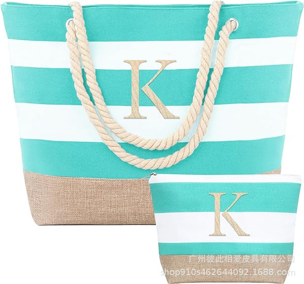 Striped Canvas Tote Bag with Zipper and Multiple Pockets