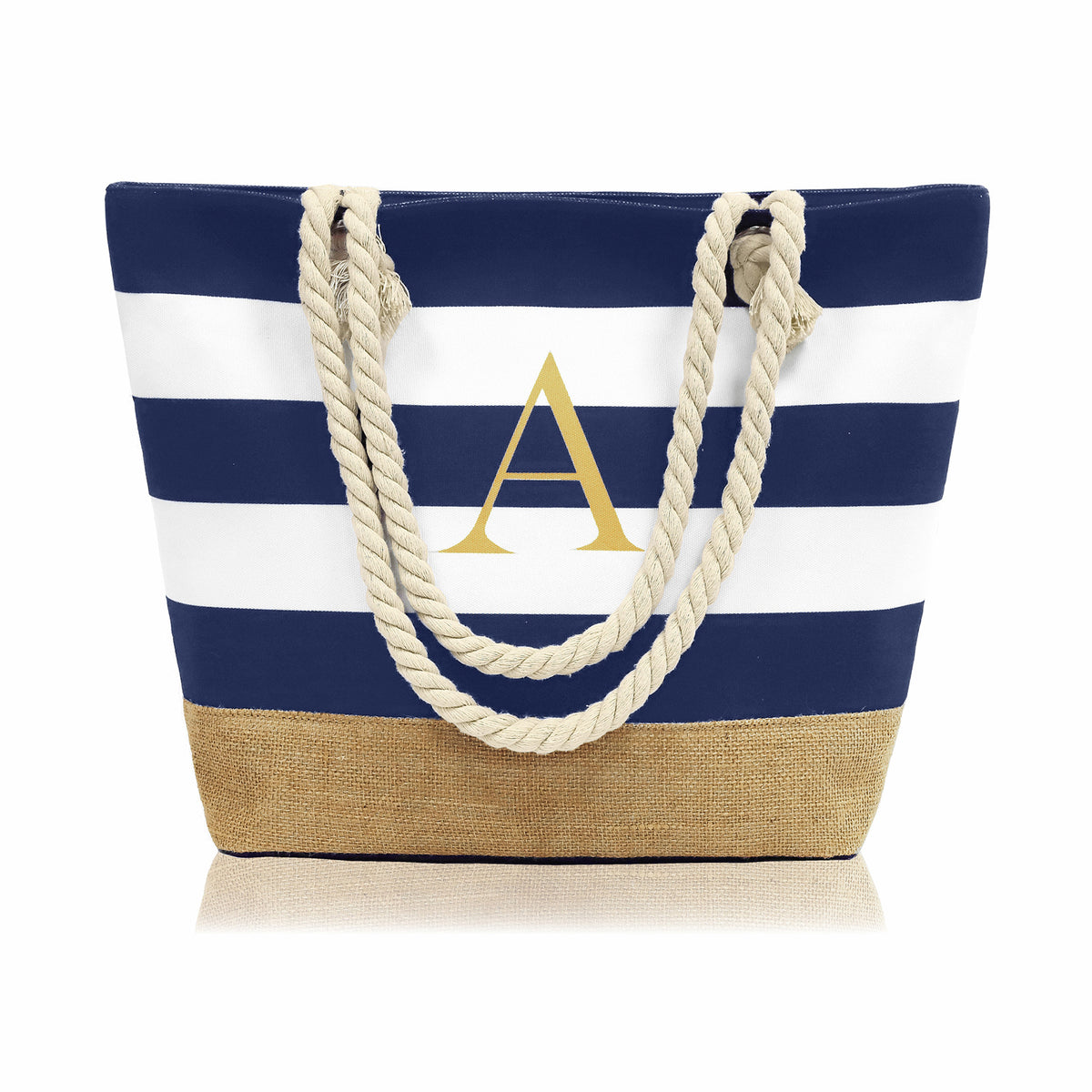 Striped Canvas Tote Bag with Zipper and Multiple Pockets