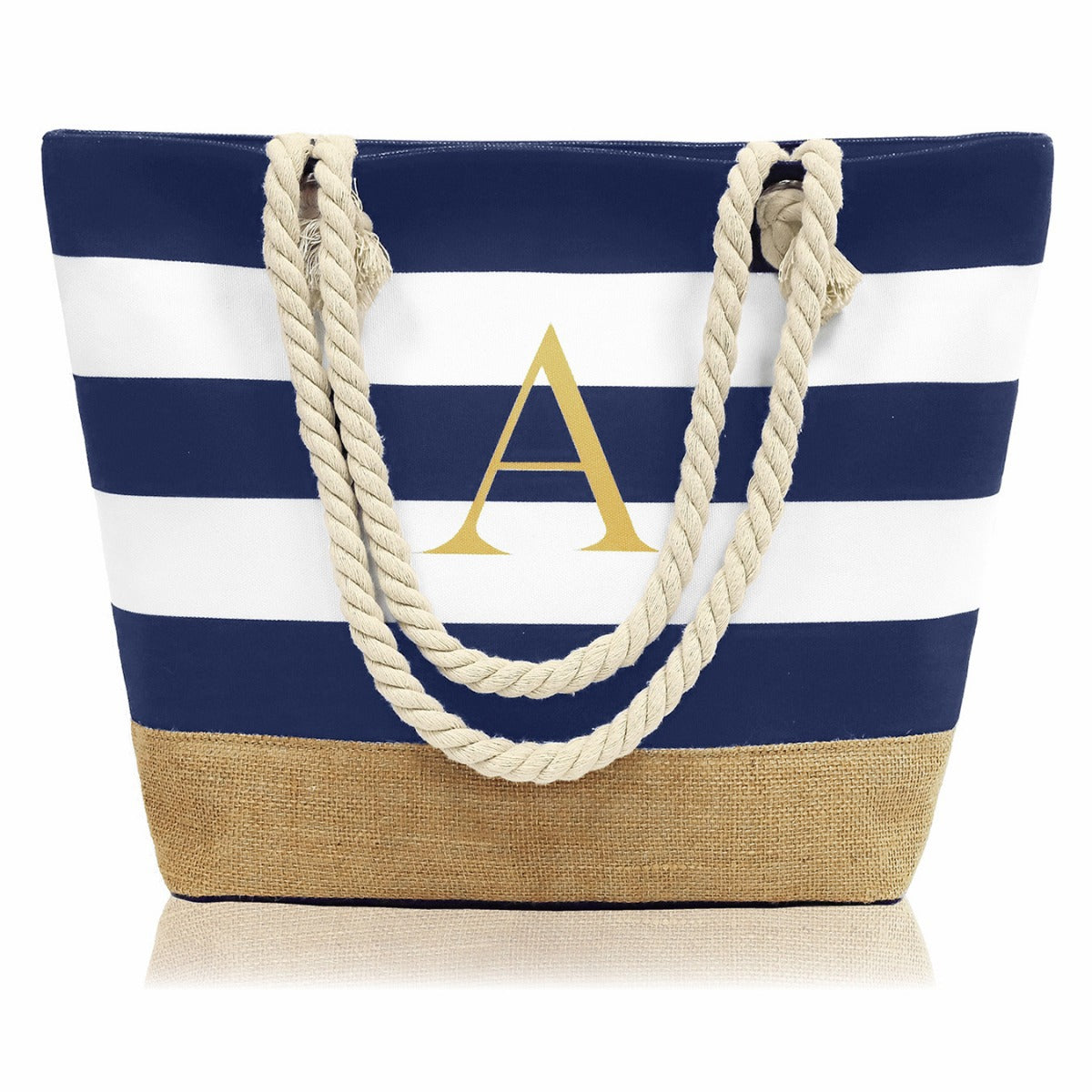 Striped Canvas Tote Bag with Zipper and Multiple Pockets