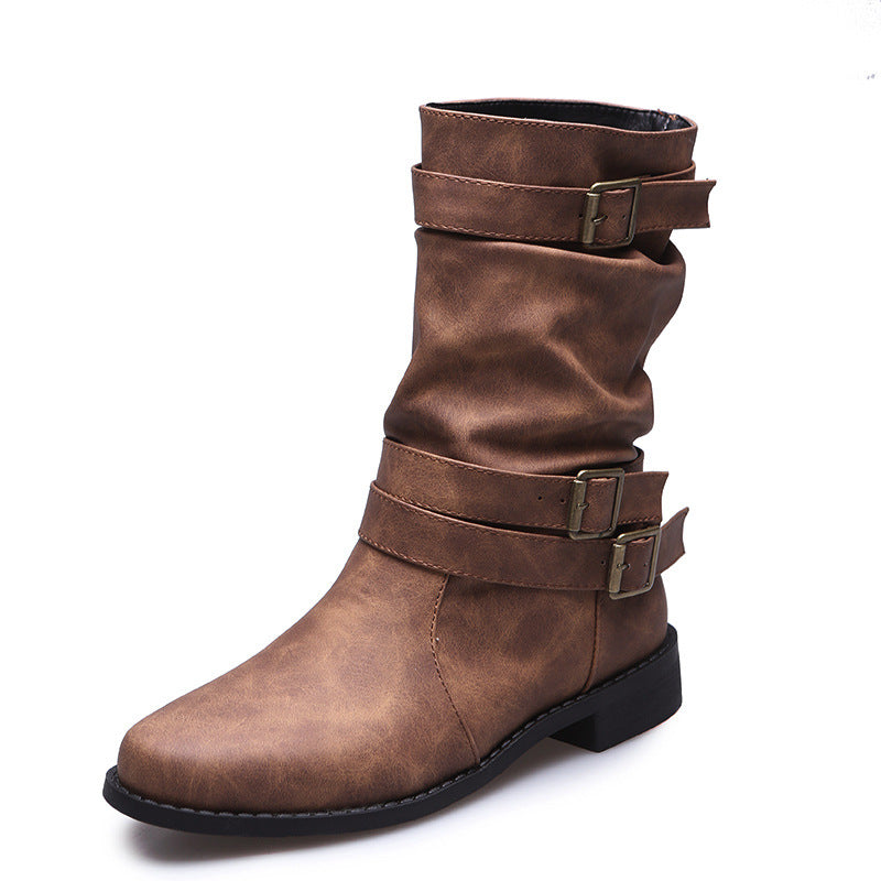 Women's Retro Mid-Calf Boots with Belt Buckle