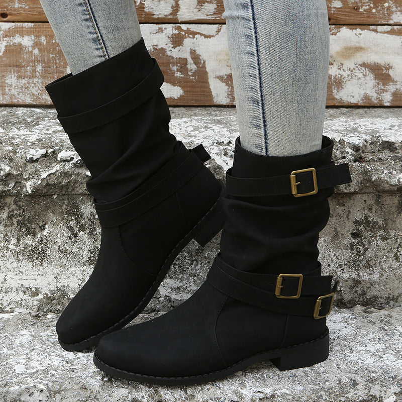 Women's Retro Mid-Calf Boots with Belt Buckle
