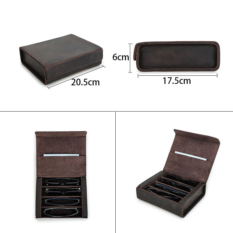 Vintage Crazy Horse Leather Rectangular Glasses Case Set