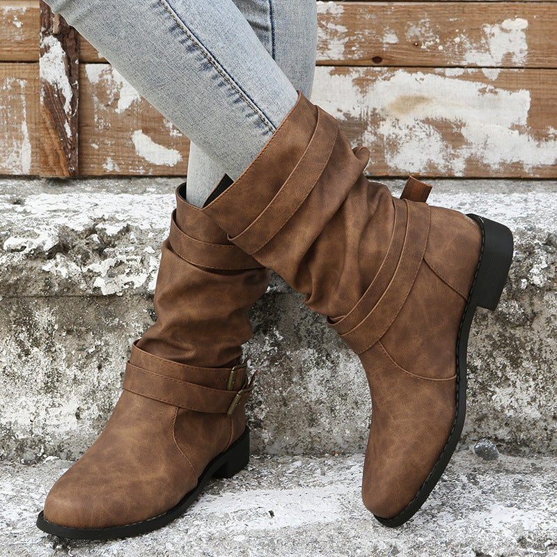 Women's Retro Mid-Calf Boots with Belt Buckle