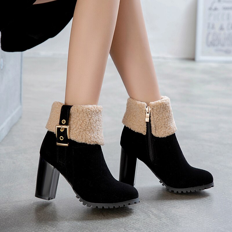 Elegant Suede Winter Heels with Lamb Fur