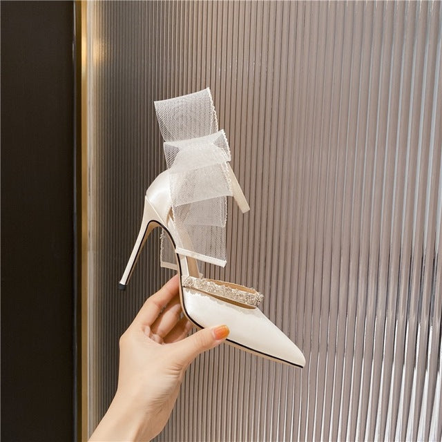 Pointed Hollow Thin Heel Rhinestone Bow High Heels