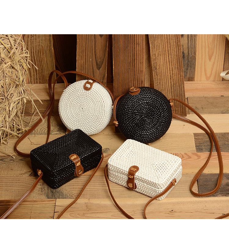 Vietnamese Woven Shoulder Bag with Round Leather Buckle