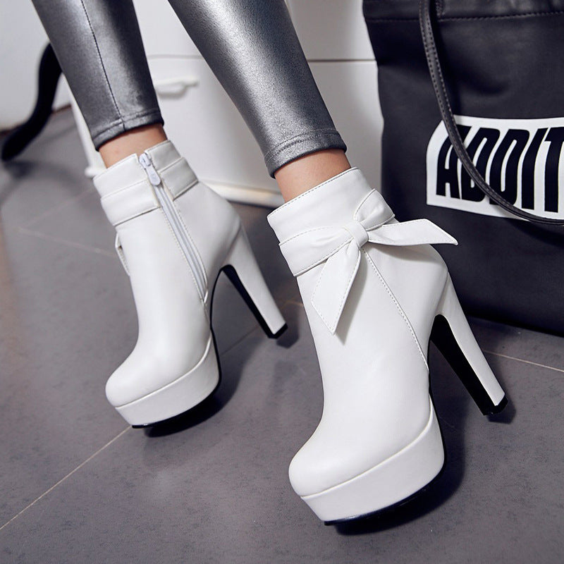 Bow Short Boots, Bow High Heels, Chunky Heeled Boots