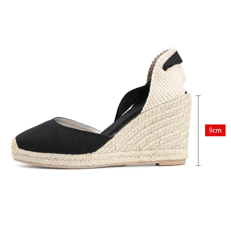 Women's High-Heeled Lace-Up Straw Woven Wedge Sandals