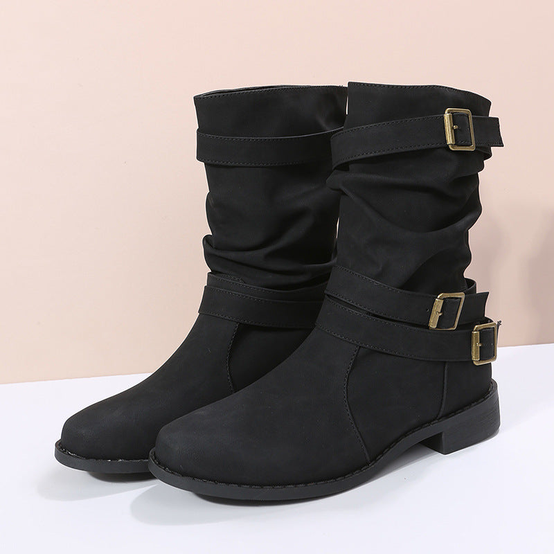 Women's Retro Mid-Calf Boots with Belt Buckle