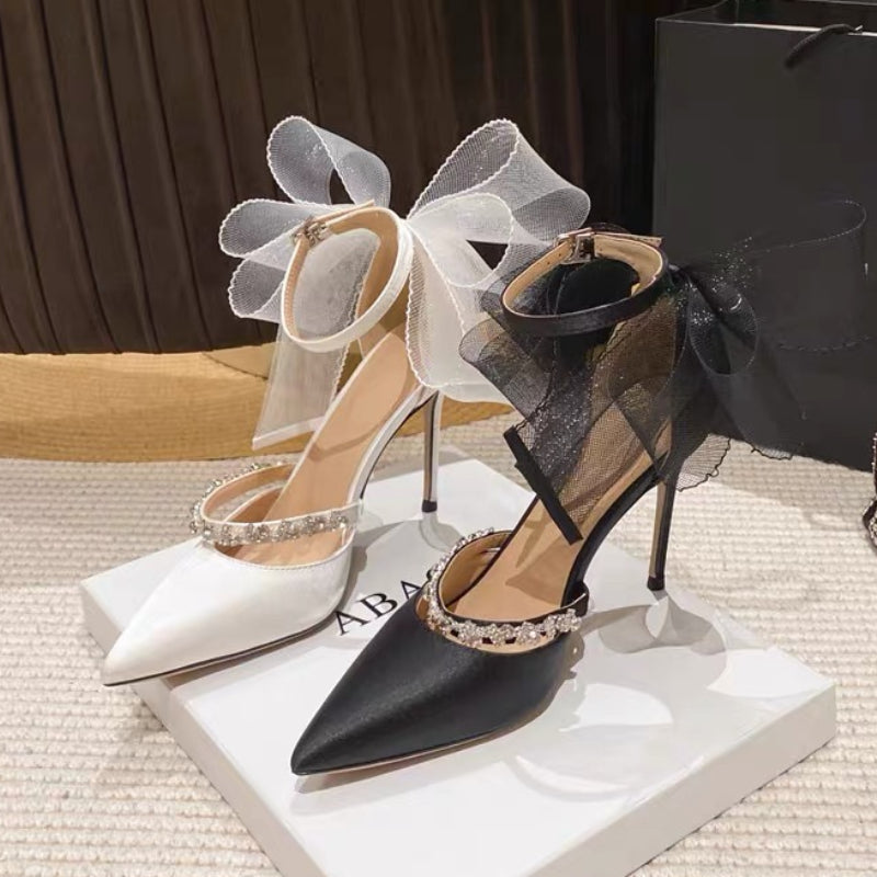 Pointed Hollow Thin Heel Rhinestone Bow High Heels