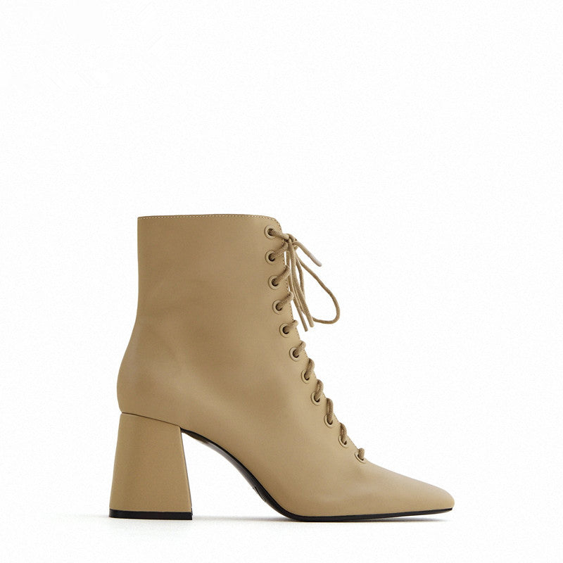 Camel Elegant Lace-Up Ankle Boots