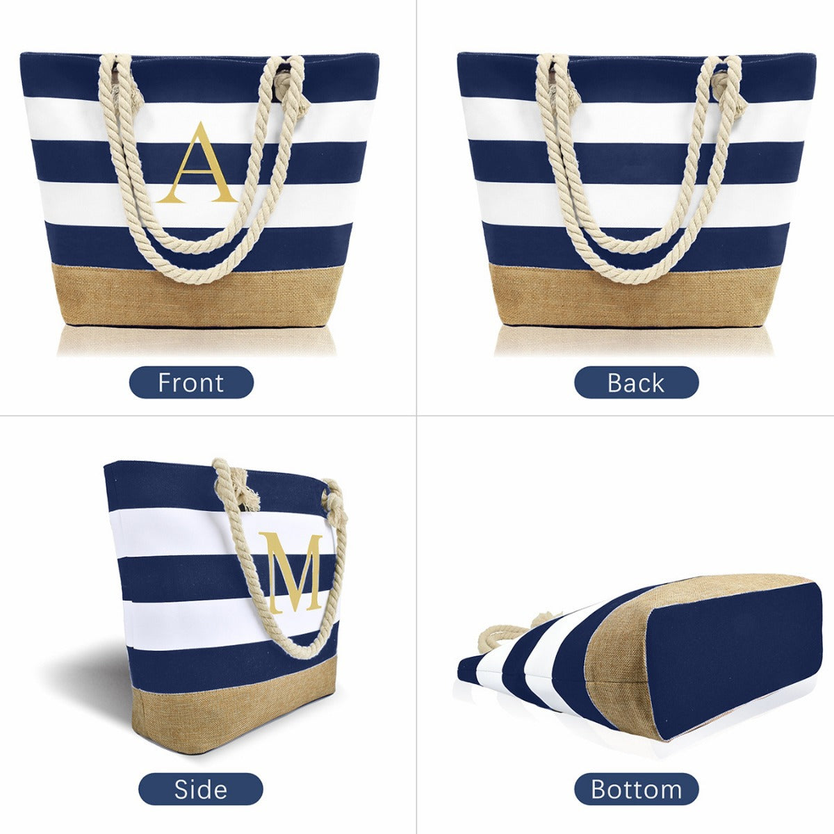 Striped Canvas Tote Bag with Zipper and Multiple Pockets