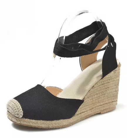 Women's High-Heeled Lace-Up Straw Woven Wedge Sandals