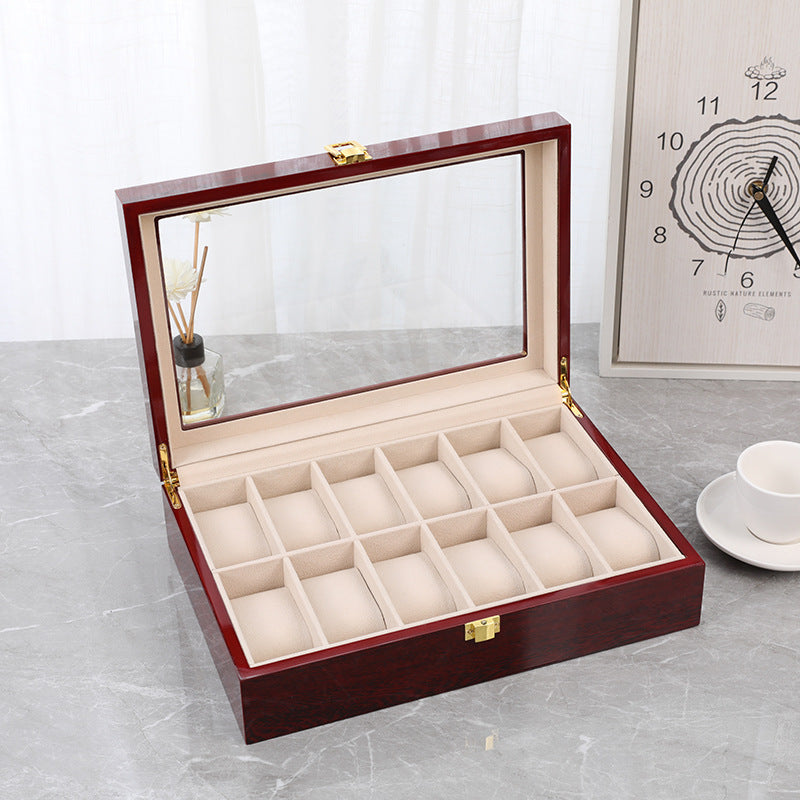 Red 12-Slot Lacquered Watch Box with Transparent Lid