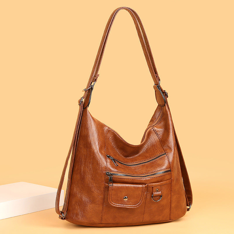 Fashionable Soft Leather Shoulder Bag with Multiple Pockets