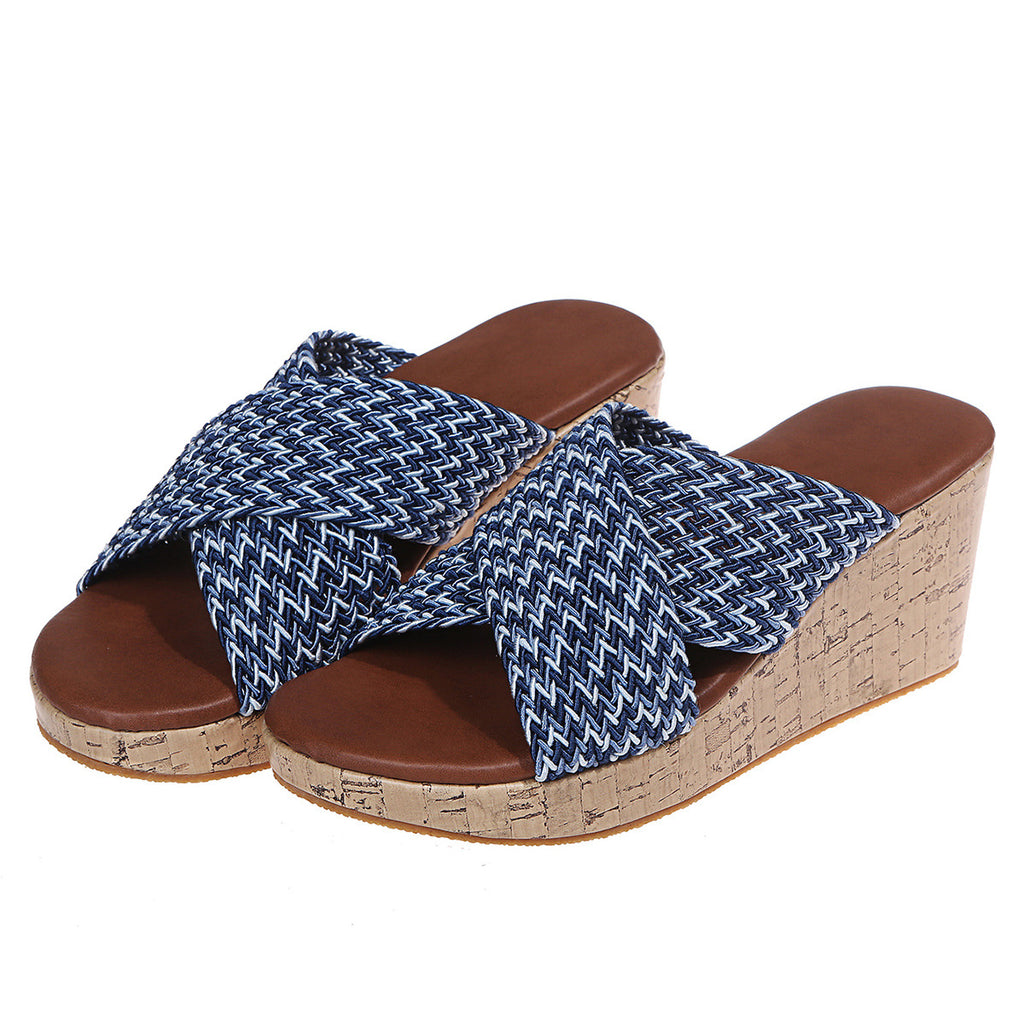 Elegant Blue Velvet Platform Slippers
