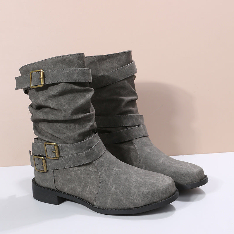 Women's Retro Mid-Calf Boots with Belt Buckle